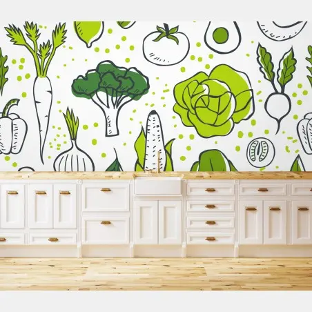 Fotomural patrón de verduras ilustradas en tonos verdes – Pixers®