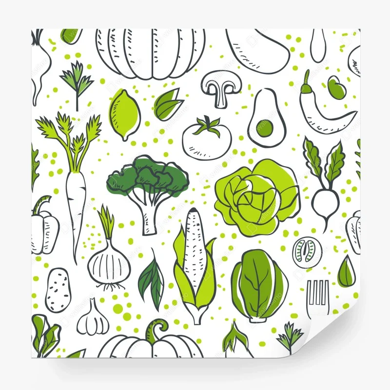 Fotomural patrón de verduras ilustradas en tonos verdes