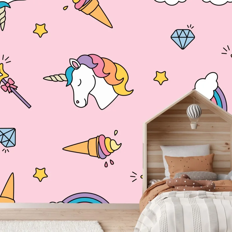 Fotomural patrón de unicornios y arcoíris sobre fondo rosa