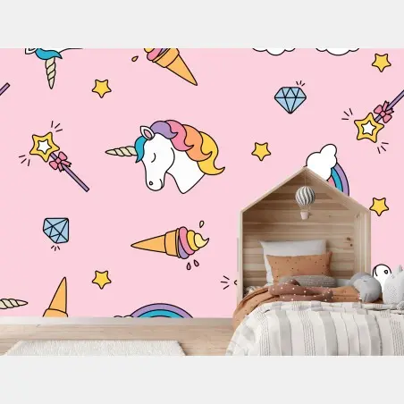 Fotomural patrón de unicornios y arcoíris sobre fondo rosa – Pixers®