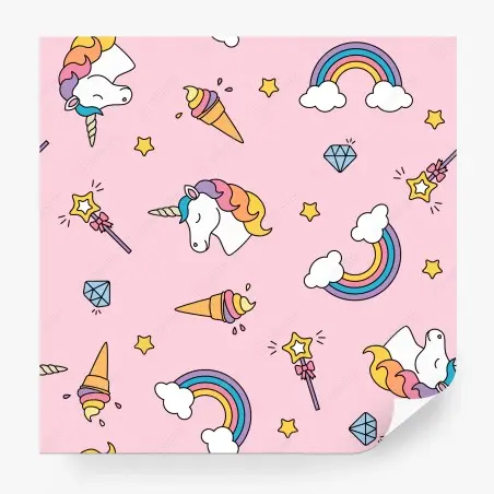 Fotomural patrón de unicornios y arcoíris sobre fondo rosa – Pixers®