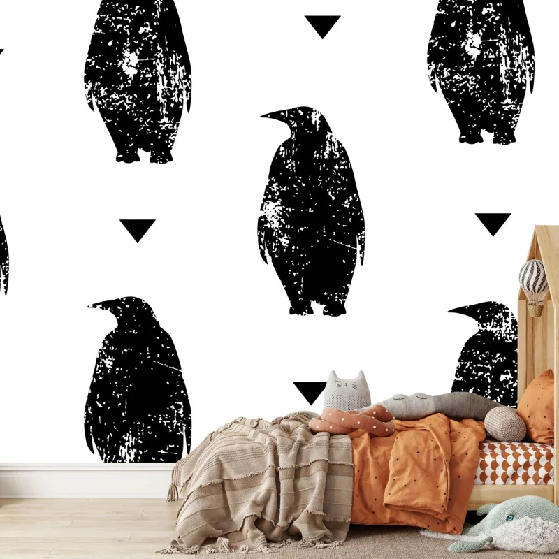 Fotomural diseño repetitivo de pingüinos en blanco y negro