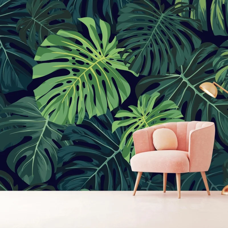 Fotomural patrón tropical de hojas de monstera en tonos verdes