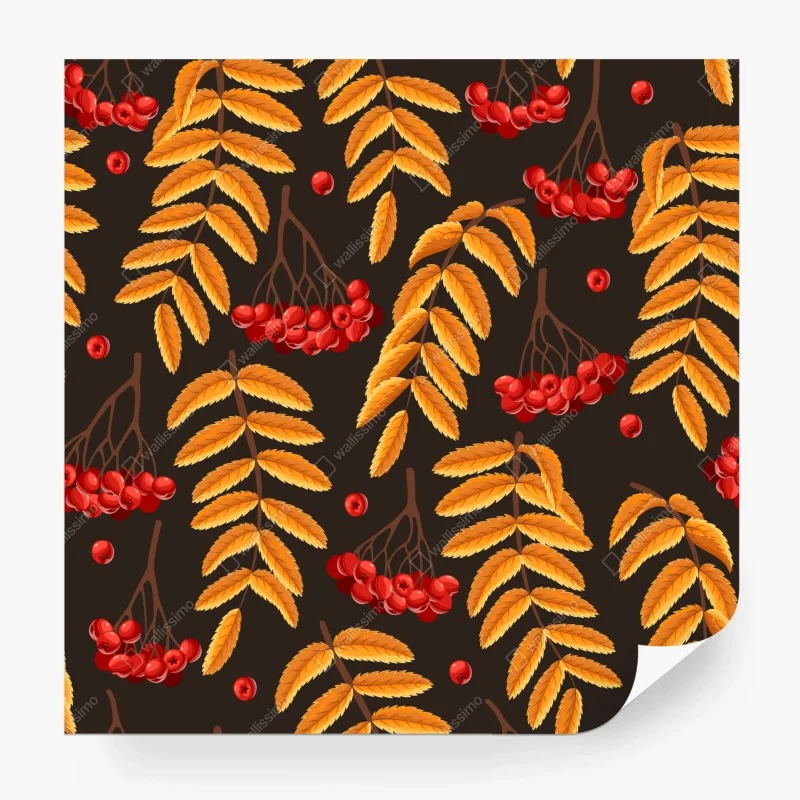 Fotomural estampa otoñal de hojas doradas y bayas rojas