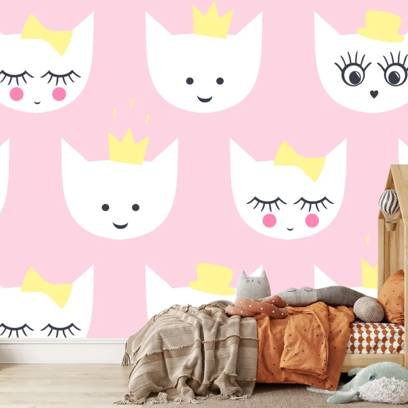 Fotomural patrón de gatitos con coronas y lazos sobre fondo rosa