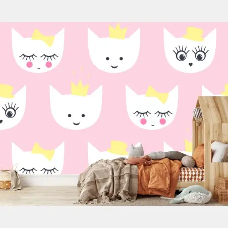 Fotomural patrón de gatitos con coronas y lazos sobre fondo rosa – Pixers®