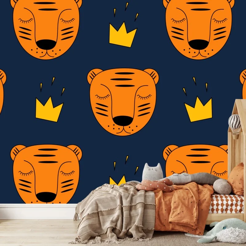 Fotomural patrón de tigres coronados para decoración infantil