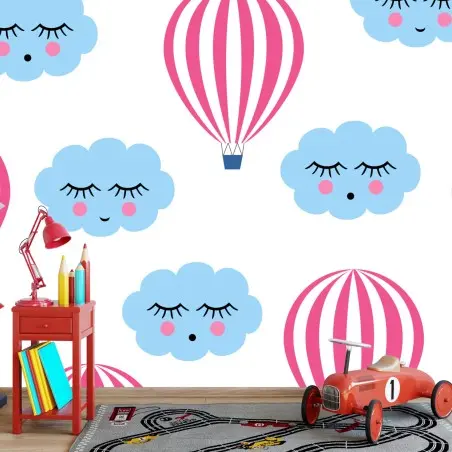 Fotomural nubes y globos sonrientes para habitación infantil