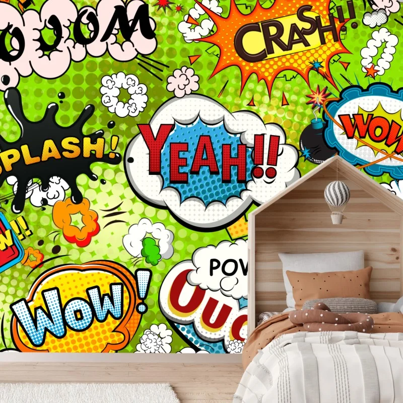 Fotomural diseño decorativo de cómic pop art con onomatopeyas vibrantes