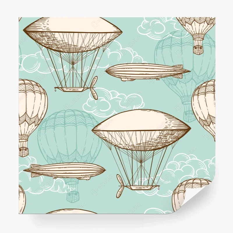 Fotomural diseño retro de globos aerostáticos y dirigibles sobre fondo turquesa