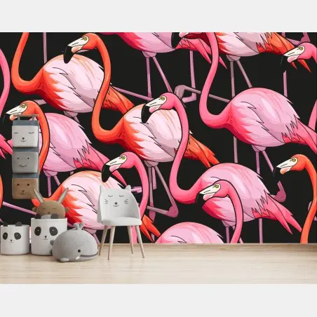 Fotomural danza de flamencos rosas sobre fondo negro – Pixers®