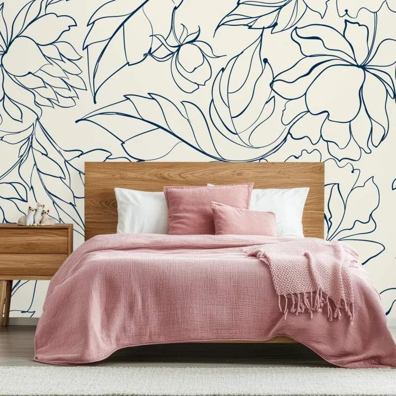 Fotomural motivo floral en líneas azul marino sobre fondo crema