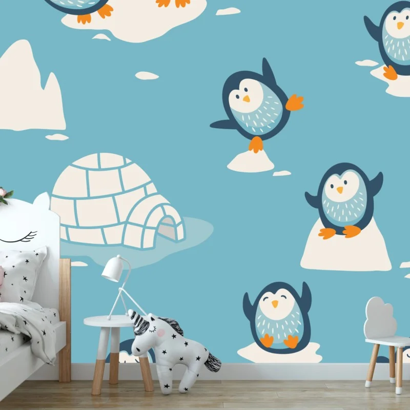 Fotomural patrón de pingüinos sobre témpanos para decoración infantil