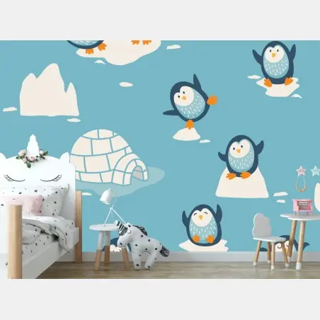 Fotomural patrón de pingüinos sobre témpanos para decoración infantil – Pixers®