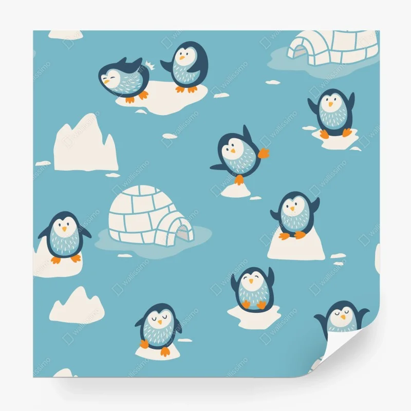 Fotomural patrón de pingüinos sobre témpanos para decoración infantil
