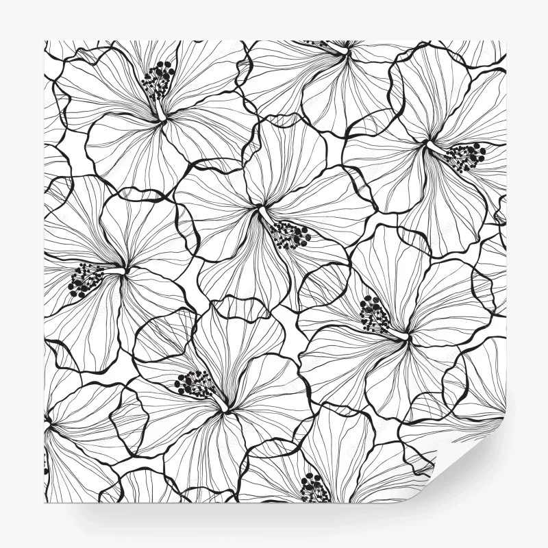Fotomural patrón botánico de hibiscos en blanco y negro