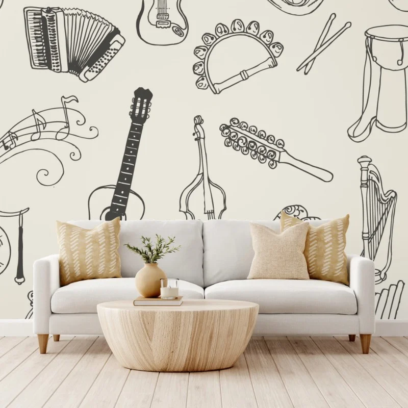 Fotomural patrón de instrumentos musicales dibujados a mano