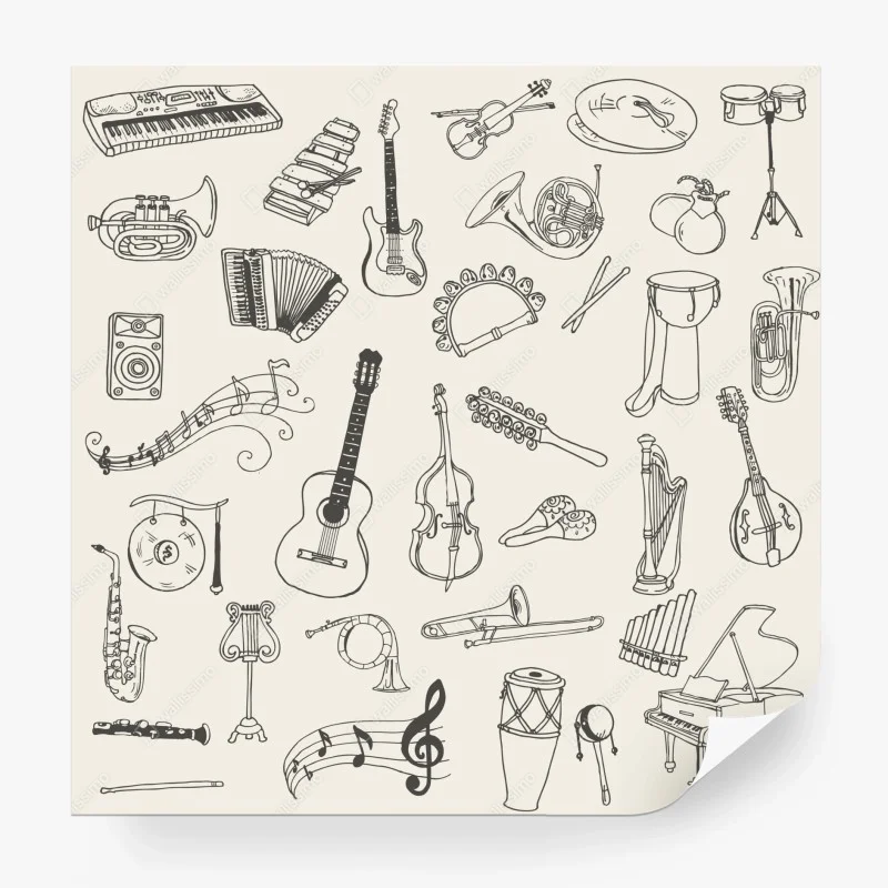 Fotomural patrón de instrumentos musicales dibujados a mano