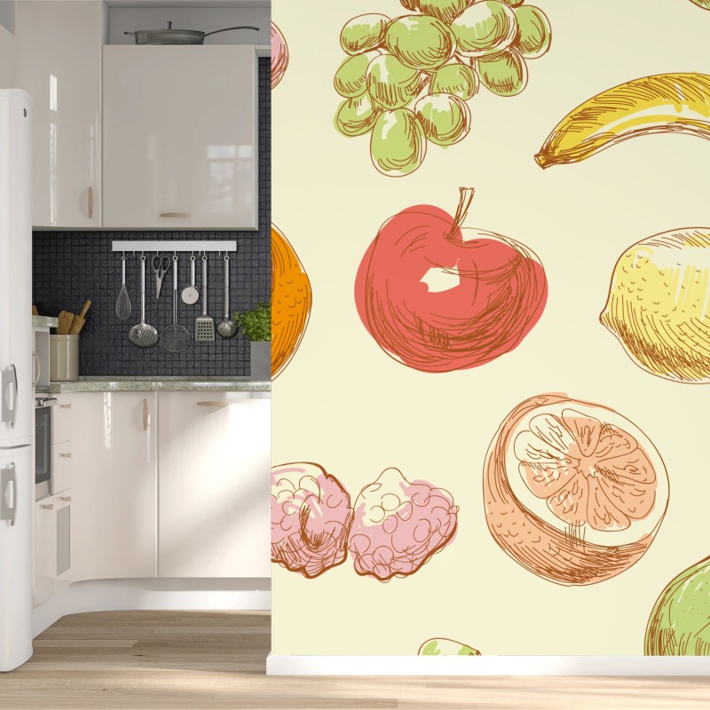 Fotomural patrón de frutas dibujadas a mano en tonos pastel
