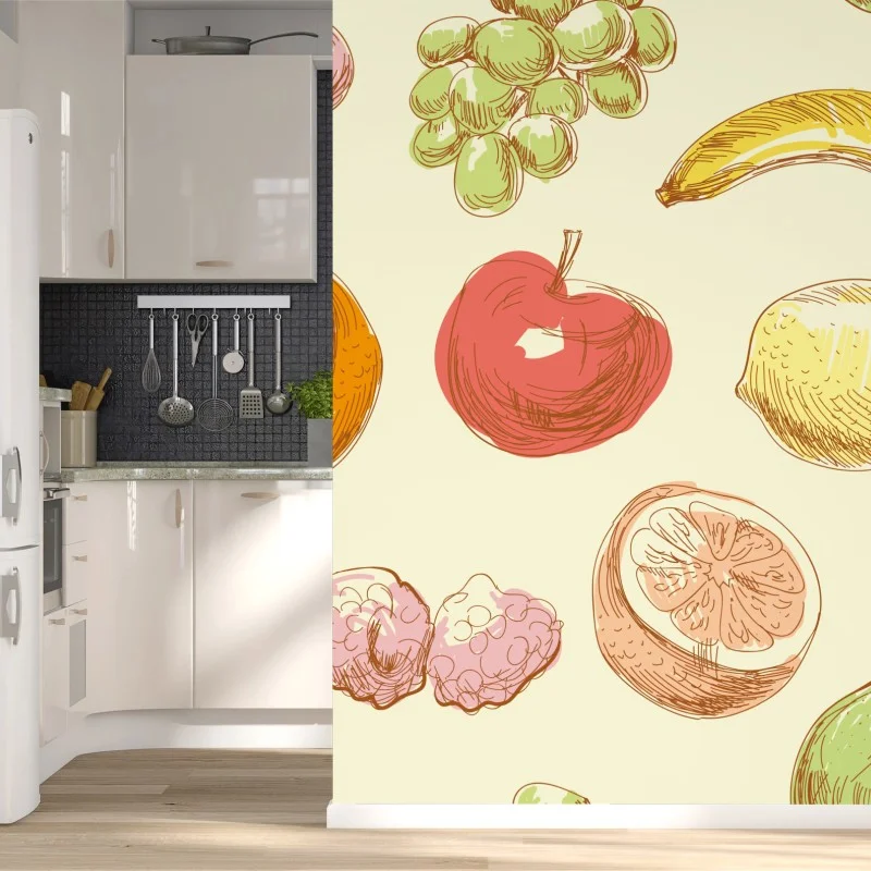 Fotomural patrón de frutas dibujadas a mano en tonos pastel