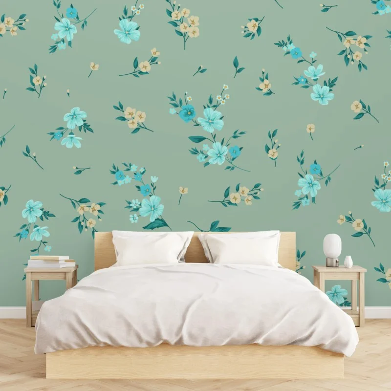 Fotomural estampado floral delicado en tonos menta y turquesa
