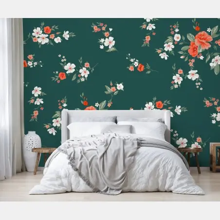 Fotomural patrón floral elegante en verde oscuro y coral – Pixers®