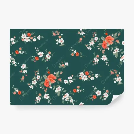 Fotomural patrón floral elegante en verde oscuro y coral – Pixers®