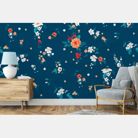 Fotomural estampado floral azul con flores naranjas y blancas – Pixers®