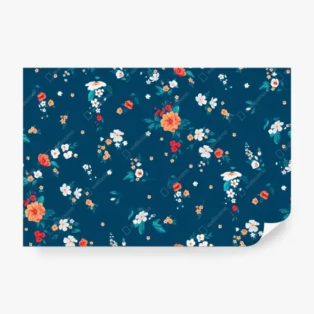 Fotomural estampado floral azul con flores naranjas y blancas – Pixers®