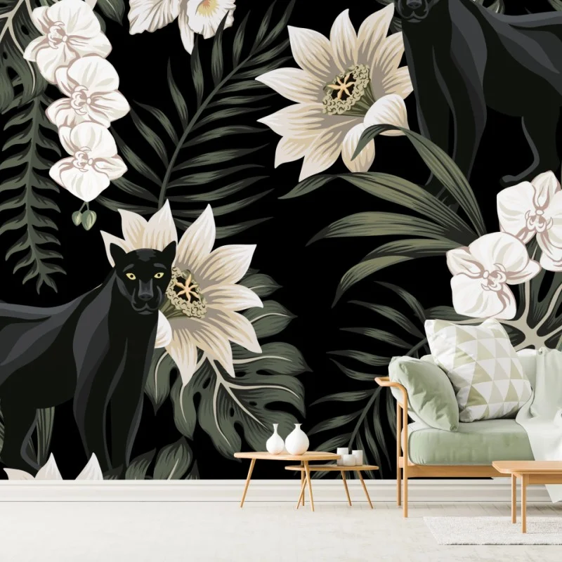 Fotomural panteras negras entre orquídeas y hojas tropicales