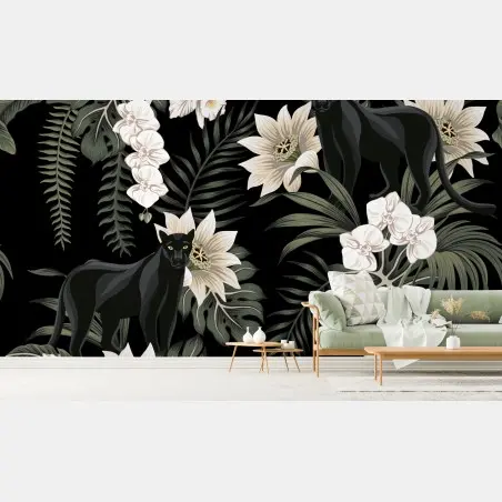 Fotomural panteras negras entre orquídeas y hojas tropicales – Pixers®