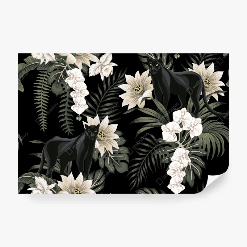 Fotomural panteras negras entre orquídeas y hojas tropicales