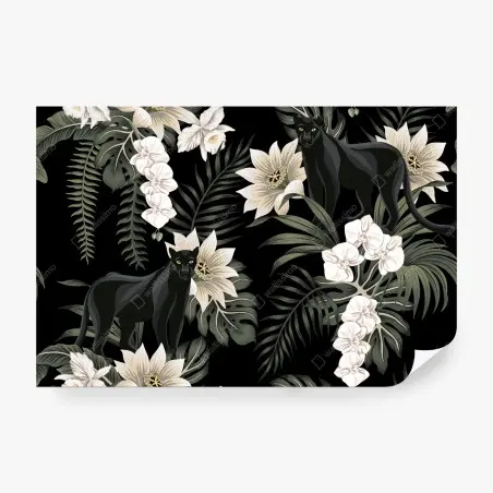 Fotomural panteras negras entre orquídeas y hojas tropicales – Pixers®