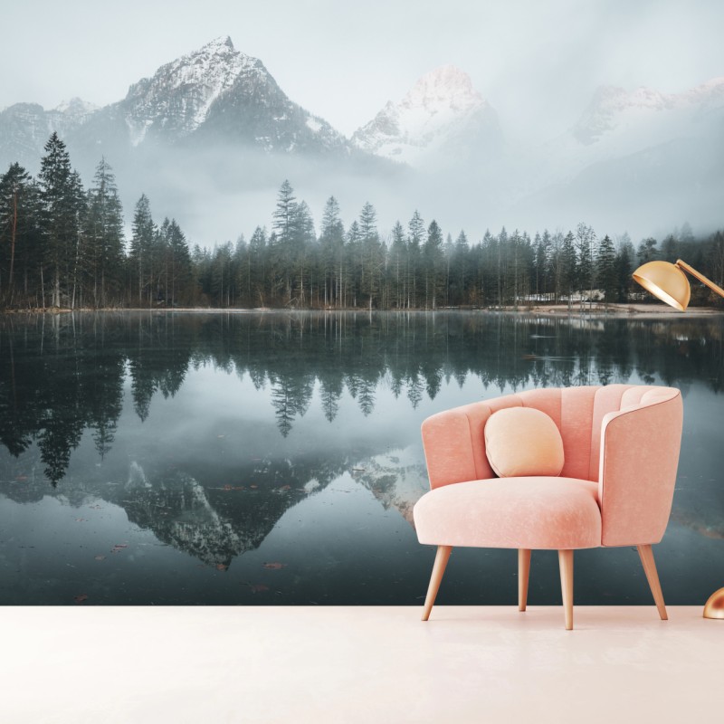 Fotomural reflejos nevados en lago brumoso