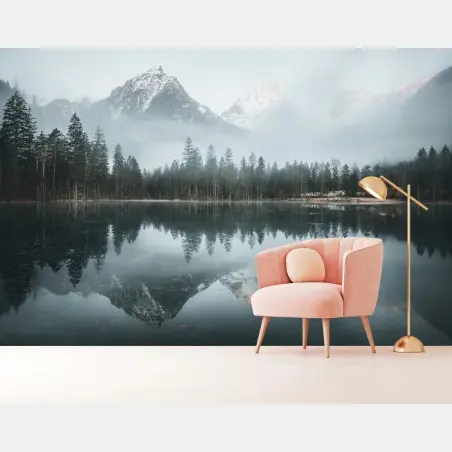 Fotomural reflejos nevados en lago brumoso – Pixers®