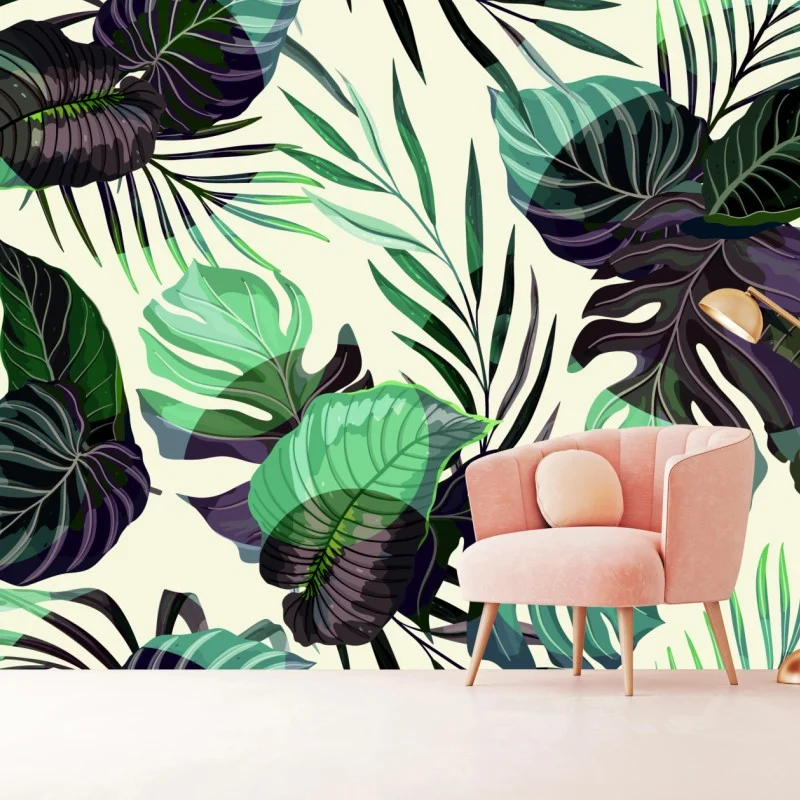 Fotomural estampado de hojas tropicales en verde y morado