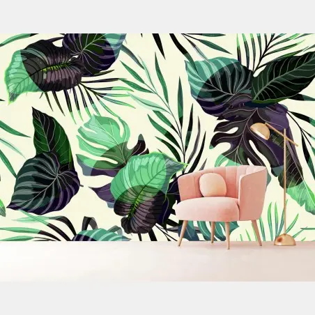 Fotomural estampado de hojas tropicales en verde y morado – Pixers®