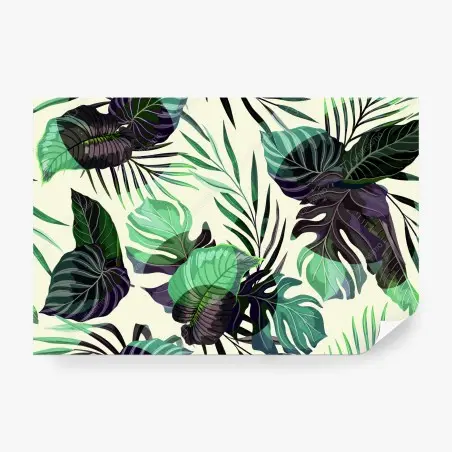 Fotomural estampado de hojas tropicales en verde y morado – Pixers®