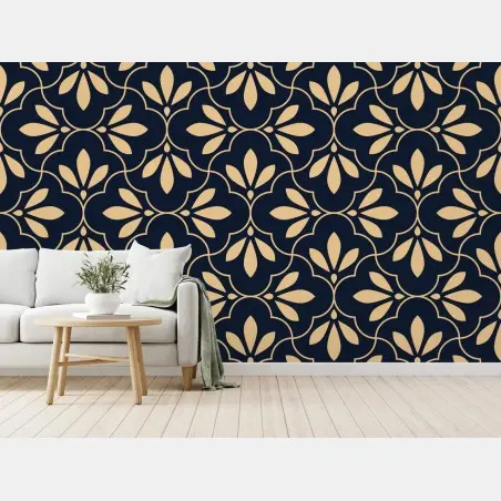 Fotomural patrón floral geométrico en azul marino y beige – Pixers®