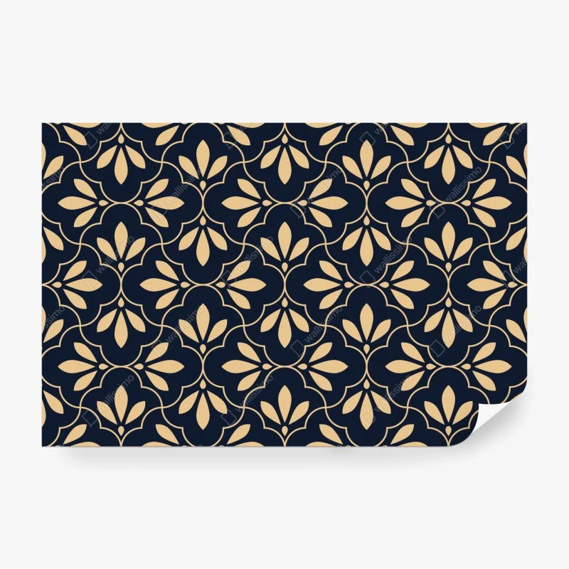 Fotomural patrón floral geométrico en azul marino y beige