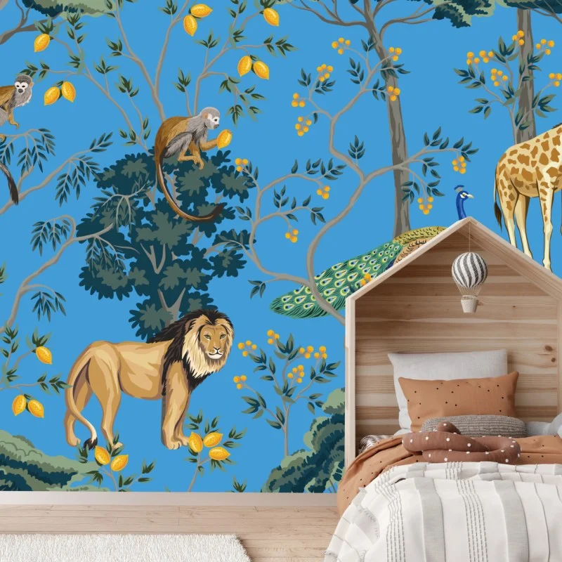Fotomural selva exótica en azul con animales ilustrados