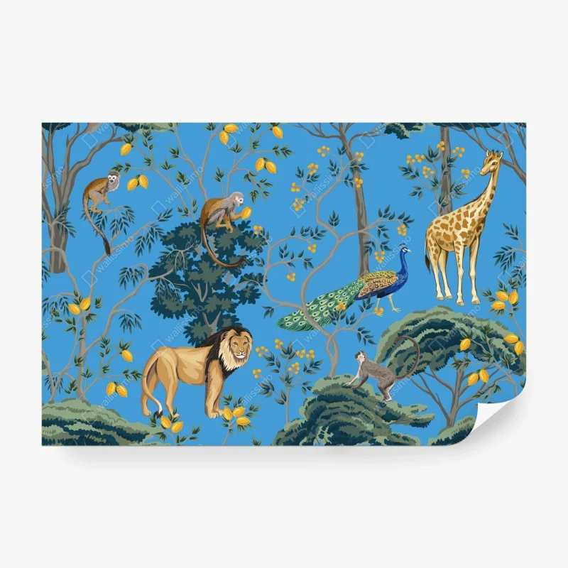 Fotomural selva exótica en azul con animales ilustrados