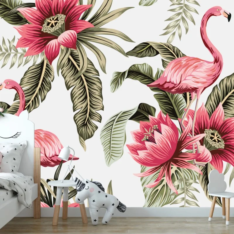 Fotomural estampado tropical con flamencos y flores exóticas