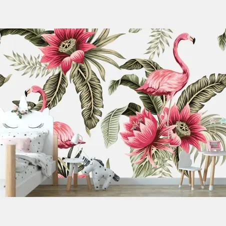 Fotomural estampado tropical con flamencos y flores exóticas – Pixers®