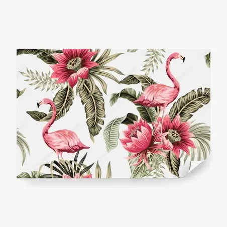 Fotomural estampado tropical con flamencos y flores exóticas – Pixers®