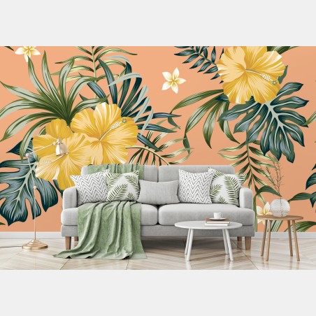 Fotomural estampado tropical de hibiscos amarillos – Pixers®
