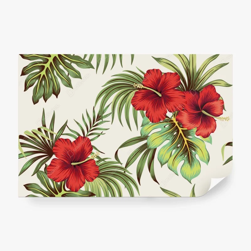 Fotomural diseño tropical hibisco y hojas verdes