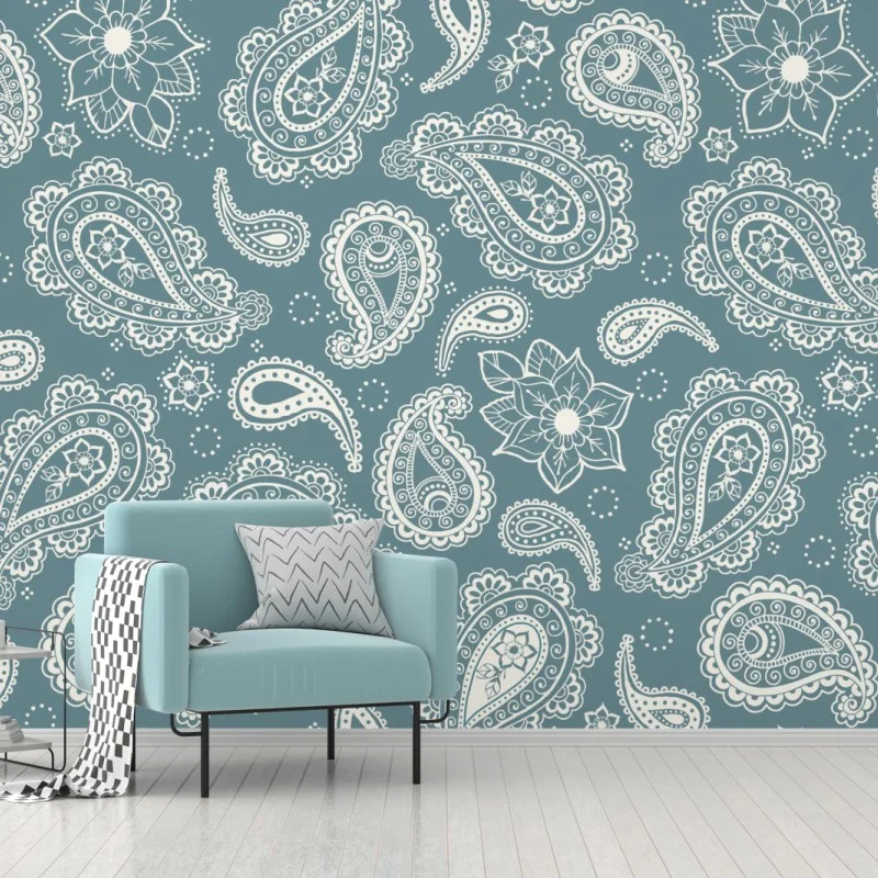 Fotomural patrón paisley bohemio en turquesa y blanco