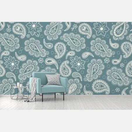 Fotomural patrón paisley bohemio en turquesa y blanco – Pixers®