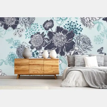 Fotomural estampado floral vintage en tonos turquesa – Pixers®
